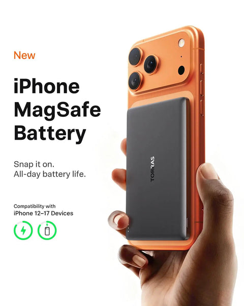 Straight Up Top Shelf MagSafe Power Bank With Hella Fast 18W Charging Pulls A Solid 5000mAh Capacity holding iPhone.