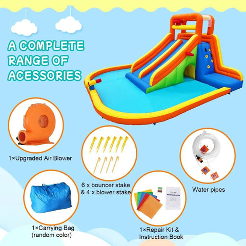 Giant Backyard Water Park With Tall Dual Slides, Climbing Walls, Splash Pool, Tunnel, Water Cannon And Sprayer, Two Basketball Hoops