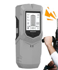 Stud Finder Depth Recognition LCD Display Audio Alarm Detector with screen shows depth reading and user operating a drill.