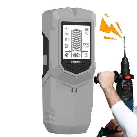 Stud Finder Depth Recognition LCD Display Audio Alarm Detector with screen shows depth reading and user operating a drill.