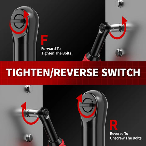 Image showing tighten/reverse switch function of Electric Ratchet Wrench Set with 16.8V Cordless Power, Three Eighths Inch Drive.