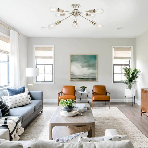 Ultra Sleek 8 Light Sputnik Chandelier In Brushed Nickel Semi Flush Mount Ceiling Light in modern living room