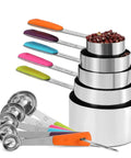 Stainless Steel Measuring Cups And Spoons Set 10 Piece For Cooking And Baking Includes 5 Cups And 5 Spoons With Colorful Handles Stackable With Removable Ring For Easy Kitchen Organization Perfect For Cookin' And Bakin'.