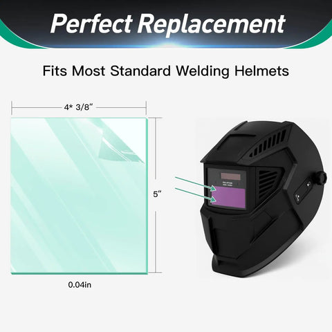 Ten Pack Front Cover Replacement Lenses For Welding Helmets Model 770237 polycarbonate lenses with dimensions shown next to helmet