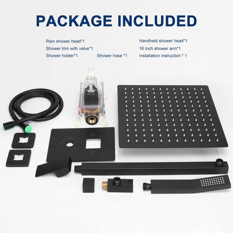 12 Inch Square Rain Shower Head With Extension Arm And Handheld Combo High Pressure All Metal Shower System With Brass Valve Rust Resistant 304 Stainless Steel Head Leak Proof Matte Black Finish with included parts