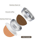 Exploded view of High Grade Refillable Coffee Filter Pod Compatible With Icareless And Keurig Style Brewers showing stainless steel components.