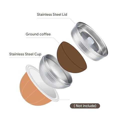 Exploded view of High Grade Refillable Coffee Filter Pod Compatible With Icareless And Keurig Style Brewers showing stainless steel components.
