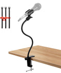 Adjustable 13.78 Inch Gooseneck Desk Microphone Stand With Clip attached to wooden desk, flexible boom arm