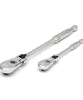 Two Piece One Quarter And Three Eighth Inch Drive 90 Tooth Locking Flex Head Teardrop Low Profile Ratchet Set with Chrome Finish