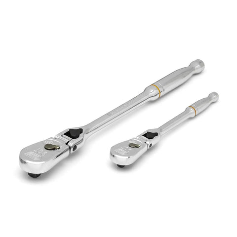 Two Piece One Quarter And Three Eighth Inch Drive 90 Tooth Locking Flex Head Teardrop Low Profile Ratchet Set with Chrome Finish