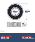 Front and side views of XiKe 6013-2RS deep groove ball bearing, 65x100x18 mm, rubber-sealed.