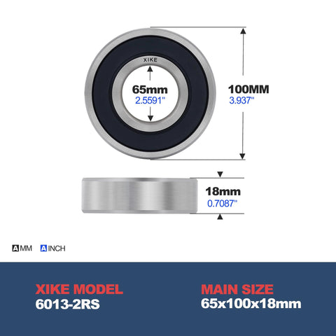 Front and side views of XiKe 6013-2RS deep groove ball bearing, 65x100x18 mm, rubber-sealed.
