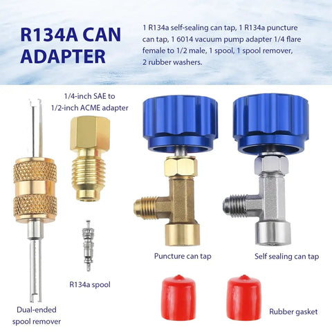 4 Pack R134a Can Tap Kit With Self Sealing And Puncture Taps showing adapter, spool remover, and quick couplers on white background