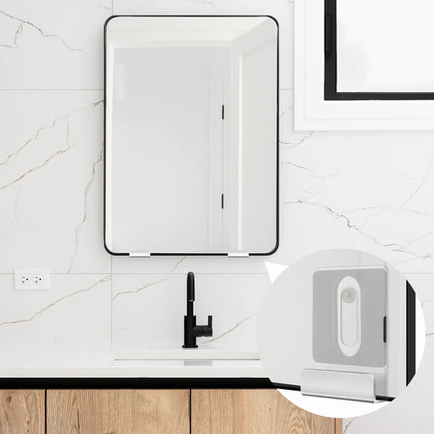 Tough Built Metal Mirror Holder Kit J Type Hanger Clips With Cushioned Rubber Pads And Expansion Anchors For Slick Frameless Glass Wall Mount Setup Bulletproof Silver Display Hardware Brackets, mounted mirror in modern bathroom setting.