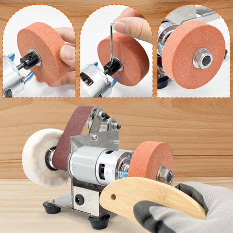 Badass Mini Belt Sander With Seven Tough Speed Settings And Locked In Fifteen Degree Guide for precision sharpening and polishing.