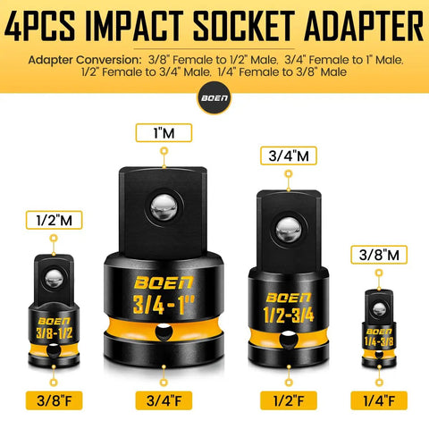 4PCS impact socket adapters showing size conversions for 1/4" to 1" tools, featuring deep embossed markings and Cr Mo steel.