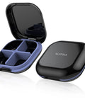 Open and closed Portable 4 Compartment Pill Organizer Mini Travel Pill Box For Purse Pocket On The Go Compact Medicine Case