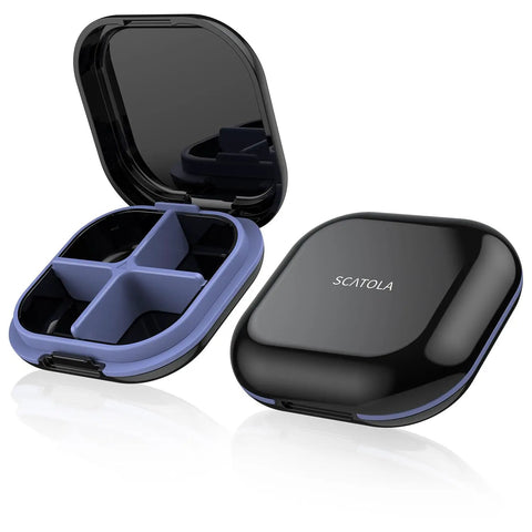 Open and closed Portable 4 Compartment Pill Organizer Mini Travel Pill Box For Purse Pocket On The Go Compact Medicine Case