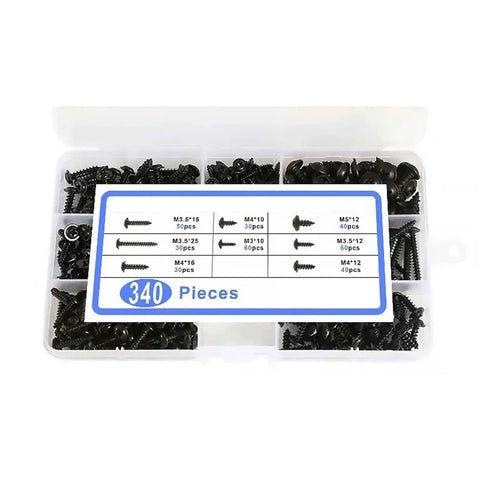 340-Piece Cross Head Self-Tapping Screws Kit With Washers, Carbon Steel M3 M3.5 M4, Phillips Drive, organized in a plastic box.