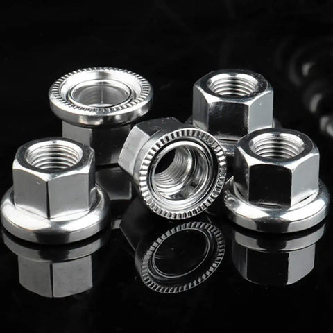 Six Pack Flanged Wheel Hub Nuts For Front And Rear Bikes Includes M8 Three Eighths Inch And M10 Sizing Great For Mountain And Kids Bikes Chrome Plated Steel With Anti Slip Pattern That Helps Prevent Loosening.