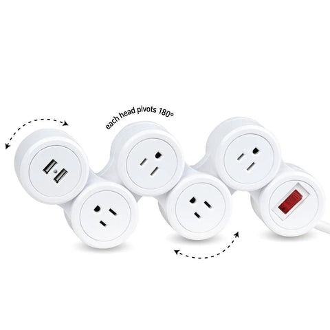 Flexible Surge Protector Power Strip With Four 3 Pin Grounded Outlets Two USB Ports Delivering 3 1A Total White Finish, six foot cord