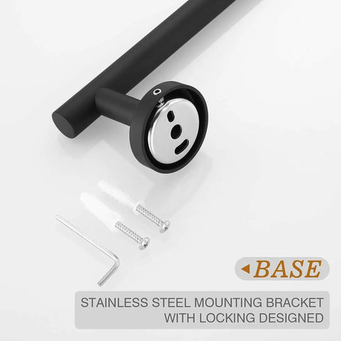 Must Have Matte Black Bathroom Accessories Set 16 Inch Hand Towel Bar Wall Mounted 4 Piece With Toilet Paper Holder And Two Robe Hooks Durable SUS304 Stainless Steel Hardware close-up of mounting bracket with screws