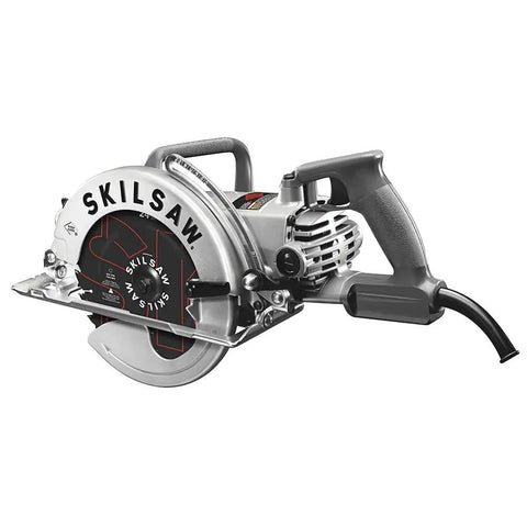 Professional Grade Hardcore 15 Amp Worm Drive Circular Saw With 8 1/4 Inch Blade and Smooth Anti Snag Guard, showing compact design.