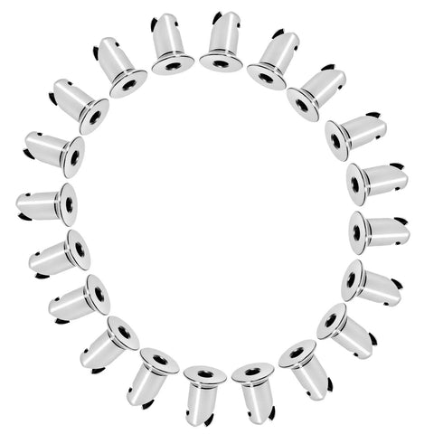 7/16 Inch Stainless Steel Quarter Turn Dzus Button Fasteners Point Five Inch Grip arranged in a circular pattern, chrome finish.