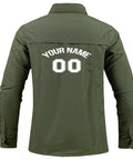 Toolbox Tested Custom Long Sleeve Work Shirt For Men Quick Dry Button Up Mechanic Uniform Personalized Utility Top Heavy Duty Green Wicking Fabric For The Daily Grind, back view with custom name.