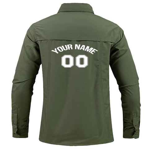 Toolbox Tested Custom Long Sleeve Work Shirt For Men Quick Dry Button Up Mechanic Uniform Personalized Utility Top Heavy Duty Green Wicking Fabric For The Daily Grind, back view with custom name.