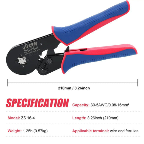 Wire Ferrule Crimp Tool Kit for AWG 30-5 0.08-16 mm2 showing specifications and pro grade pliers set design