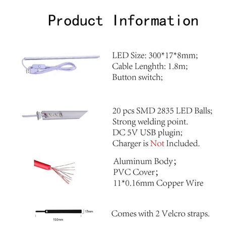 Product information for Double LED Light Bar Kit For 3D Printer Enclosures, including LED size, cable length, and materials.