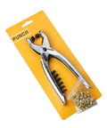 Top Rack Interchangeable Rivet Plier And Grommet Eyelet Snap Fastener Hand Press Kit on packaging with various sizes of eyelets.