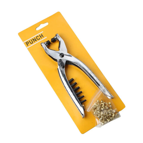 Top Rack Interchangeable Rivet Plier And Grommet Eyelet Snap Fastener Hand Press Kit on packaging with various sizes of eyelets.
