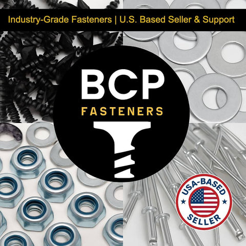 Collage of various fasteners including screws, washers, nuts, rivets; logo reads 'BCP Fasteners' with USA-based seller badge.