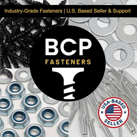 Assortment of fasteners including screws, washers, nuts, and bolts with BCP Fasteners logo and USA-based seller badge.