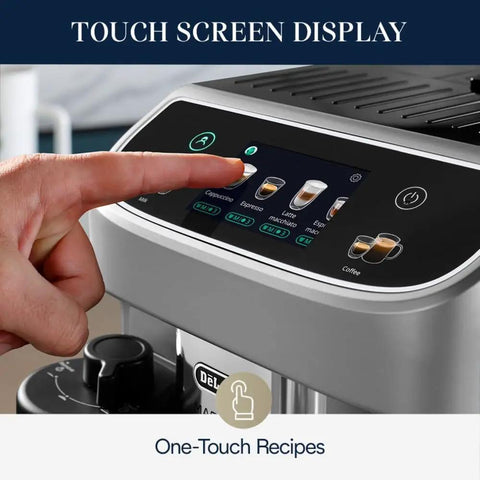 Silver Automatic Espresso Machine With Built In Milk Frother And One Touch Brewing System For Killer Shots And Creamy Lattes And Fresh Iced Coffee Top Shelf Sips No Fuss touch screen display for one-touch recipes.
