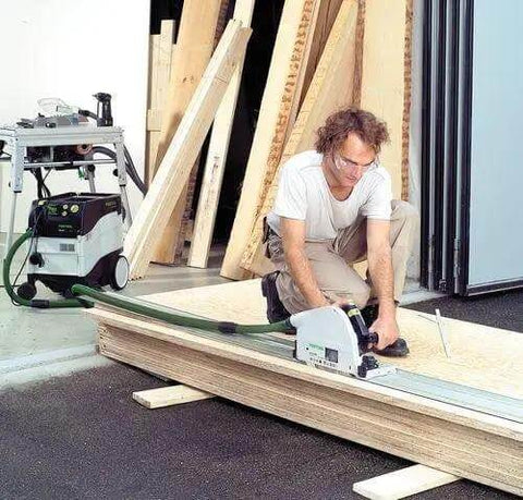 Badass Zero Fuss Plunge Saw With Aluminum Track Guide For Dial In Accuracy And Smooth Laminate Cuts 1600 Watt Motor in use on plywood.