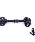 5 Inch Wrought Iron Hook And Eye Door Latch With Mounting Hardware, Rust Resistant Black Powder Coat Finish, displayed with screws