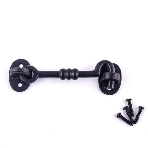5 Inch Wrought Iron Hook And Eye Door Latch With Mounting Hardware, Rust Resistant Black Powder Coat Finish, displayed with screws