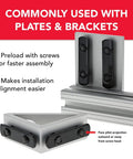 Rock Solid Heavy Duty Double Threaded T Nuts For Aluminum Extrusion 5/16 18 Black Zinc Steel T Slot Hardware shown with assembly tips.