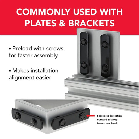 Rock Solid Heavy Duty Double Threaded T Nuts For Aluminum Extrusion 5/16 18 Black Zinc Steel T Slot Hardware shown with assembly tips.