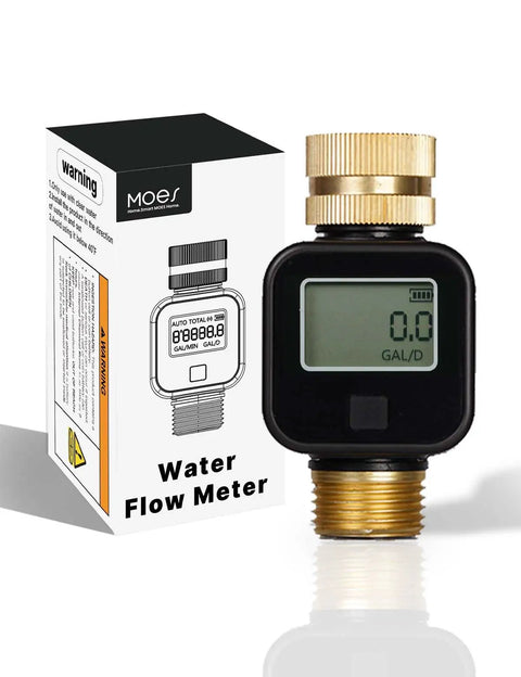 Water Flow Meter With Brass Inlet And Outlet, heavy duty metal threaded connections, shown with packaging, ideal for garden use