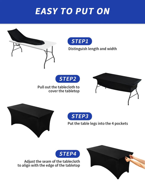Steps to set up Slick Top Notch Two Pack Black 6Ft Fitted Tablecloth Rectangle Spandex Blend Cover.