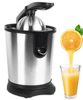 Electric Citrus Juicer With Stainless Steel Pulp Control And Large Volume Capacity pouring fresh orange juice into a glass.