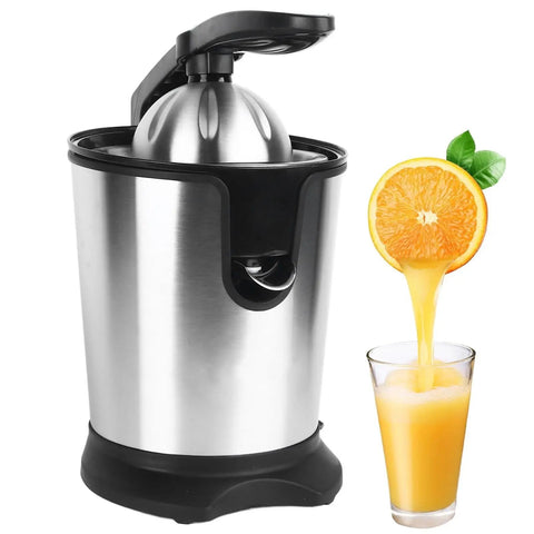 Electric Citrus Juicer With Stainless Steel Pulp Control And Large Volume Capacity pouring fresh orange juice into a glass.