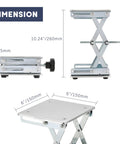 Side view of FLKQC lift table lab stand lifter, stainless steel scissor jack, handwheel, 6x6 in platform, 75–260 mm