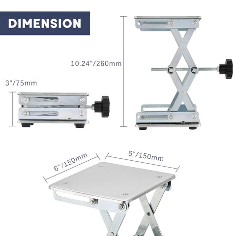 Side view of FLKQC lift table lab stand lifter, stainless steel scissor jack, handwheel, 6x6 in platform, 75–260 mm