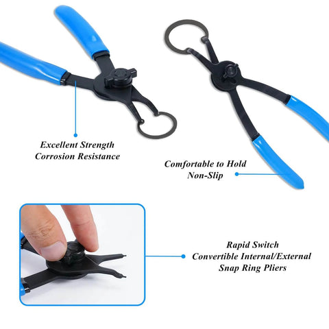 12 Piece Convertible Snap Ring Pliers Set For Internal And External Rings with blue handles and easy switch knob.