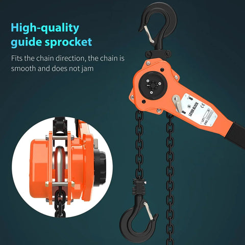 Front view of Amarite lever hoist, orange manual chain hoist with 1650 lb capacity and 5 ft reach, lifting hook